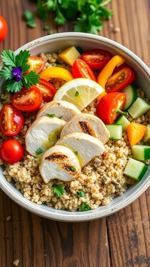 A colorful quinoa bowl with grilled chicken, tomatoes, cucumbers, and bell peppers, garnished with parsley.